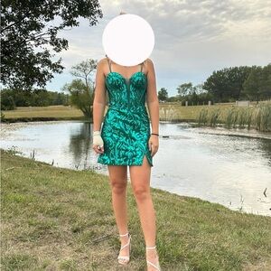 Camille La Vie Teal Patterned Mini Dress